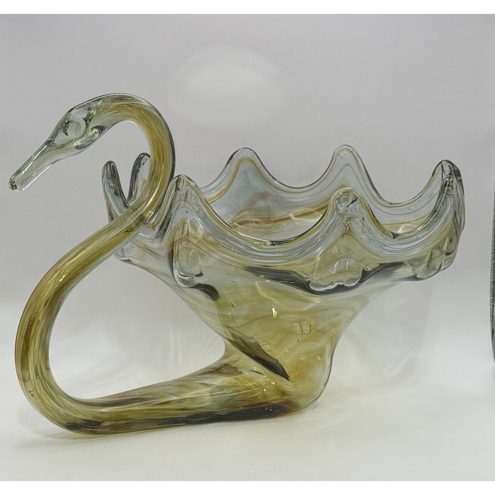 Vintage Large Swan Green Brown Swirl Hand Blown Art Glass Bowl Dish